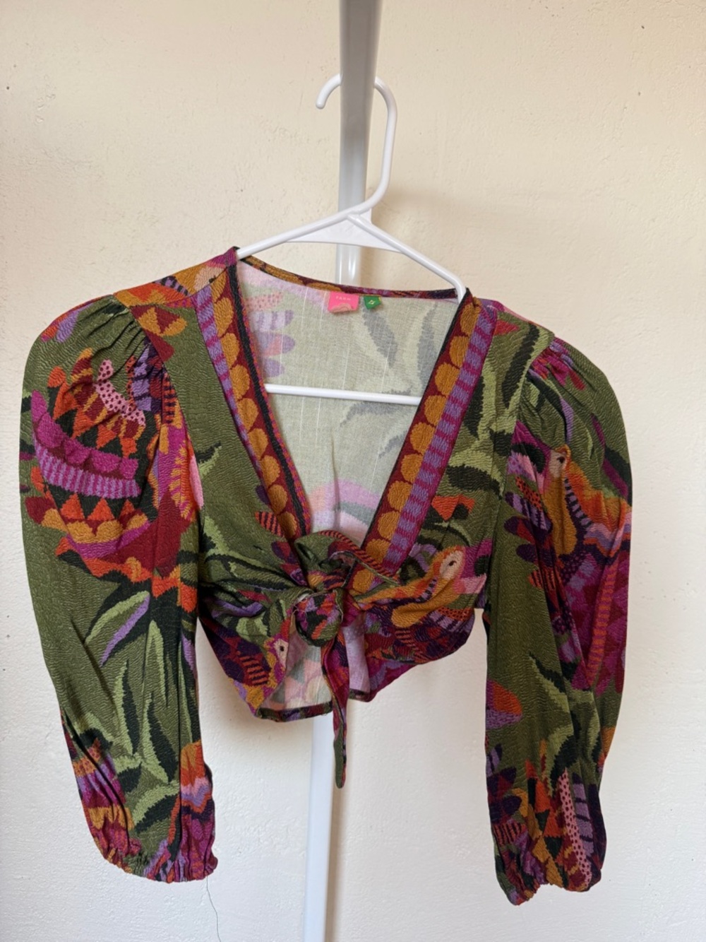 FARM Rio Olive Green Floral Tie-Front Cropped Top